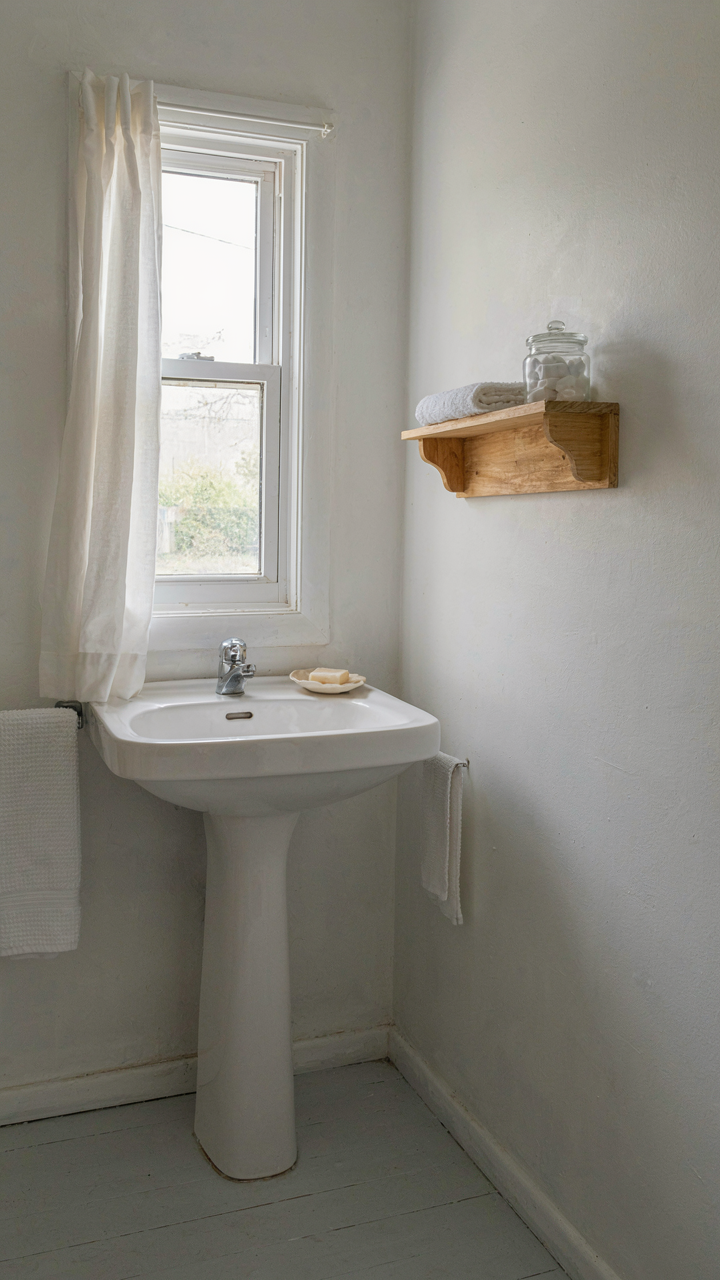 A simple, functional tiny cottage bathroom with plain walls and a basic sink.