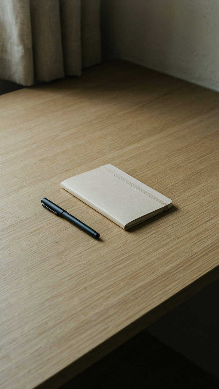 A clean, uncluttered built-in desk with a pen and notebook in a tiny cottage bedroom.