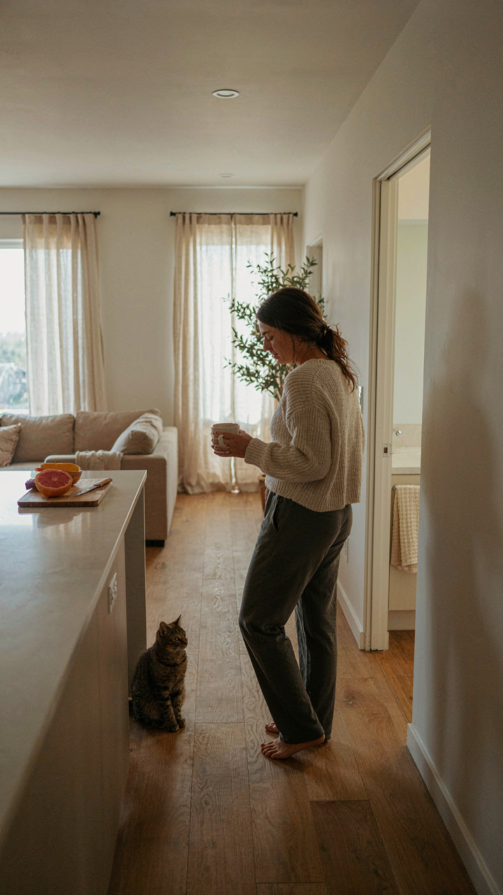 A person moves efficiently through a ranch house during a morning routine.