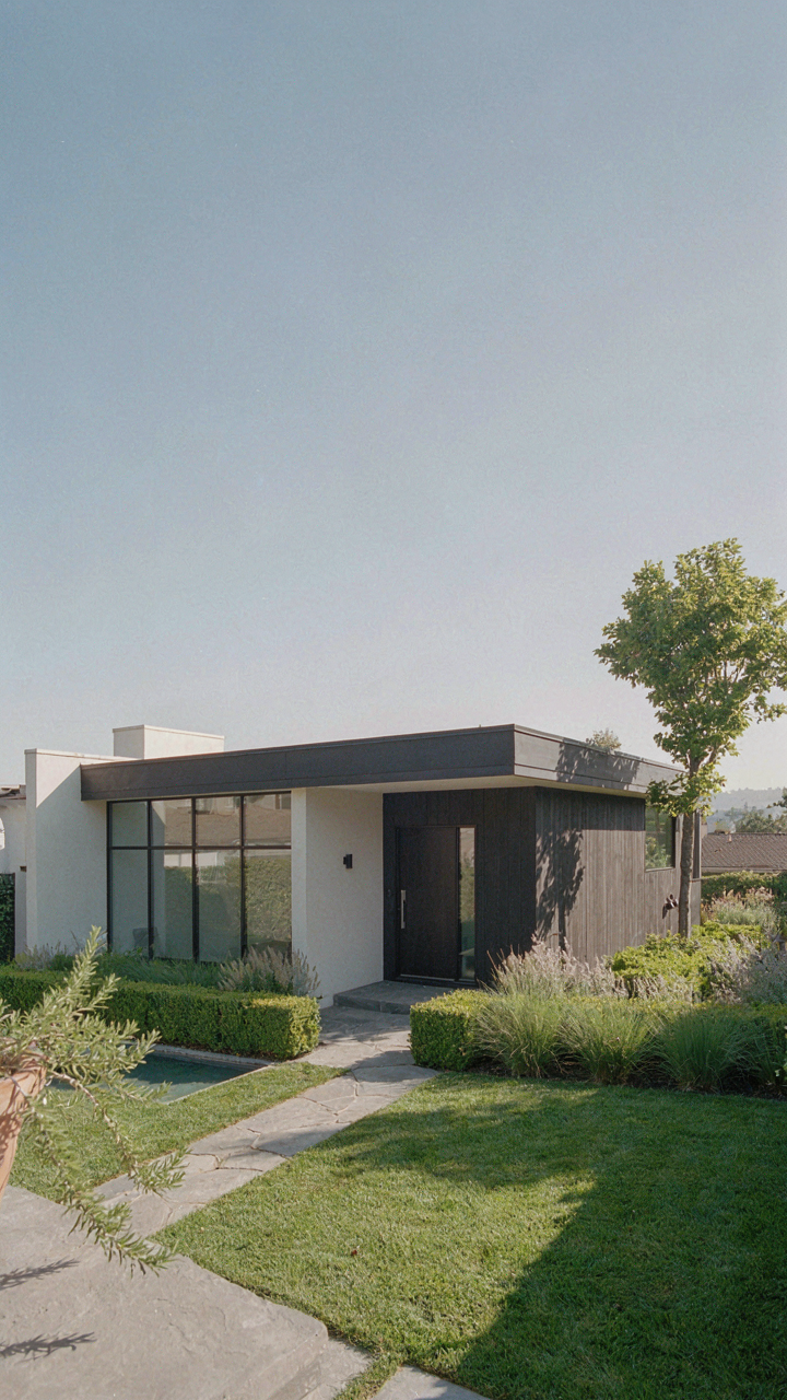 A well-maintained, modern small house with a neat garden.