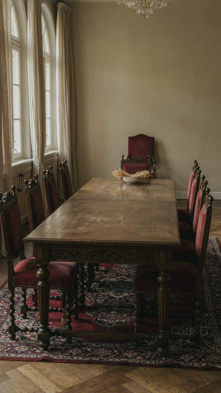 An antique rectangular dining table with a prominent chair at its head.