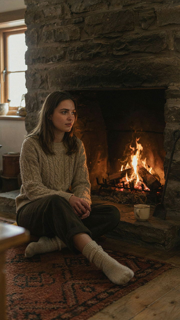 A person sitting peacefully before a cottage fireplace, observing the dancing flames.