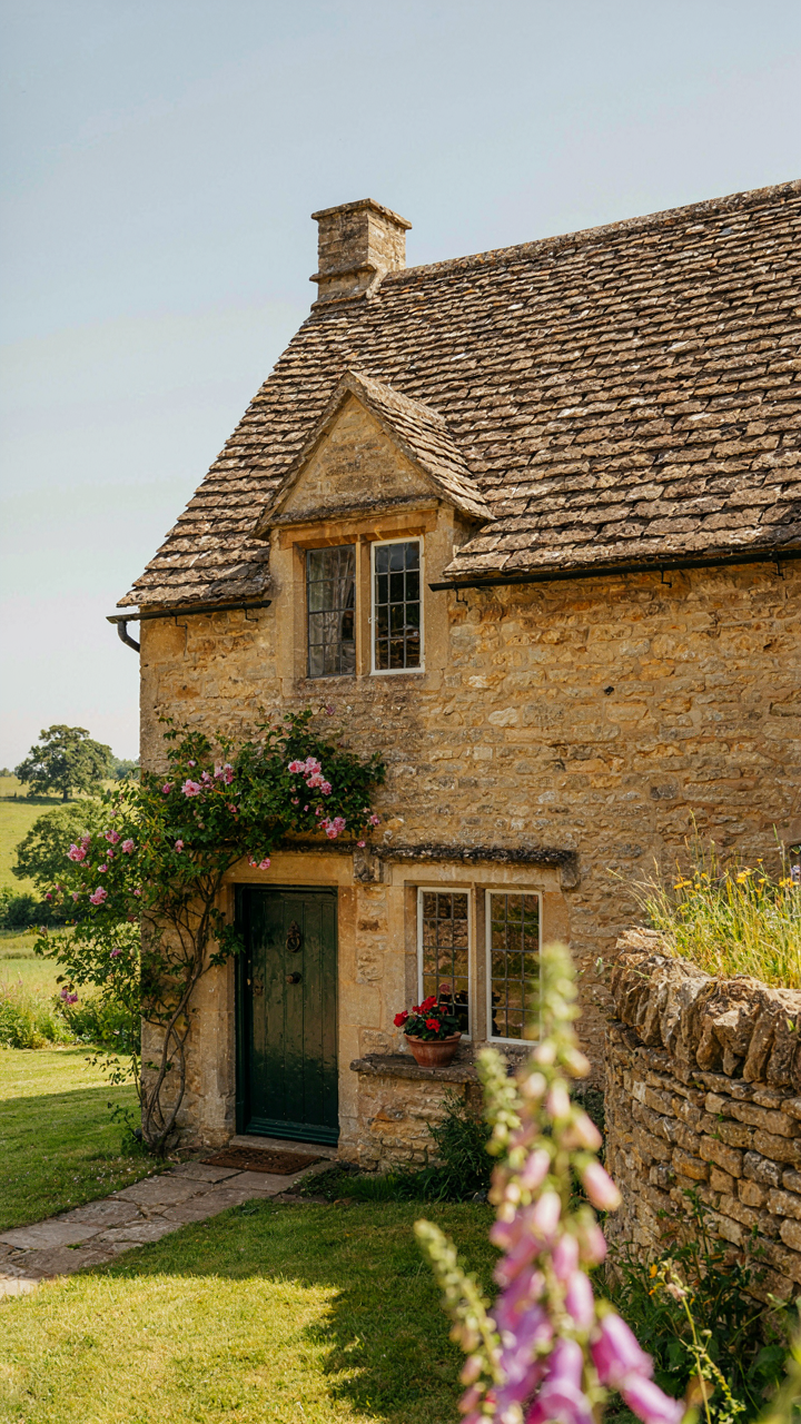 A traditional English cottage made of honey-colored Cotswold stone.