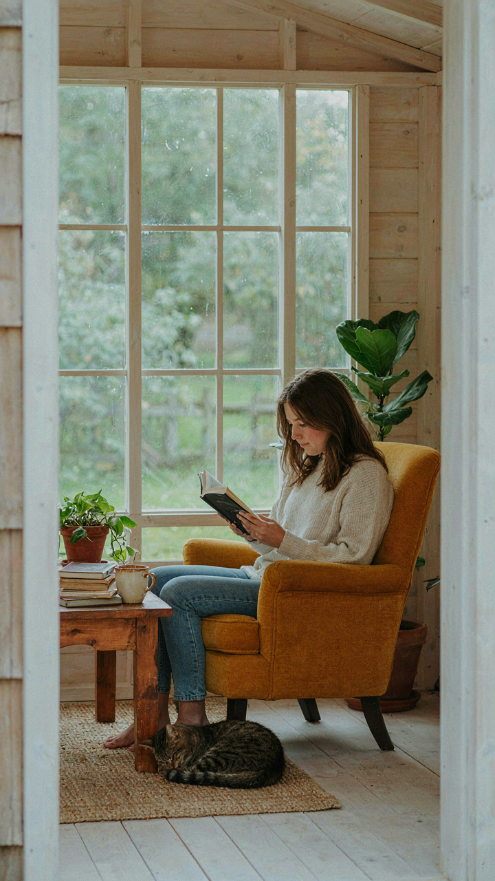 A person reading alone in a she shed guest house, enjoying privacy and quiet.