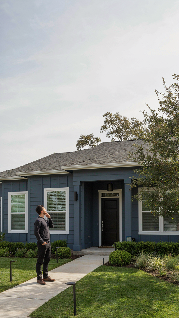 A deep blue-gray ranch house exterior with modern landscaping looks intentional.