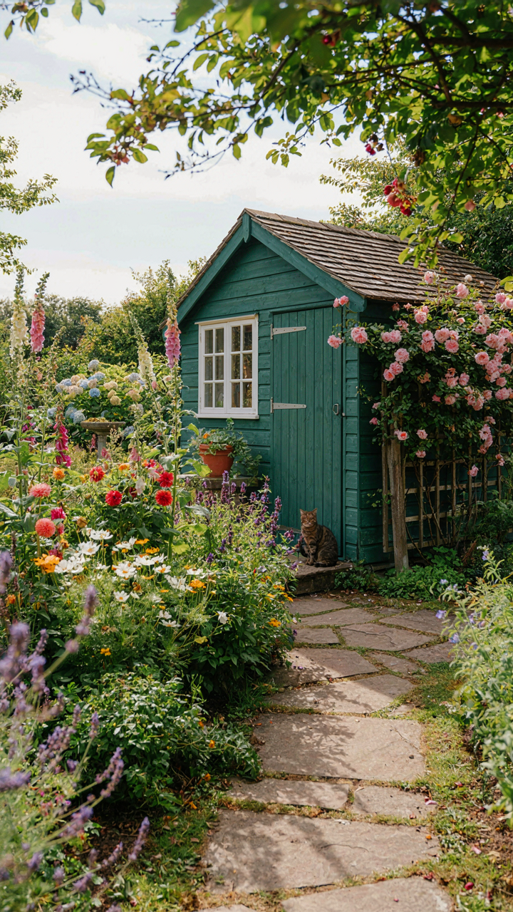 A deep sage green garden shed seamlessly integrated into a beautiful garden space.