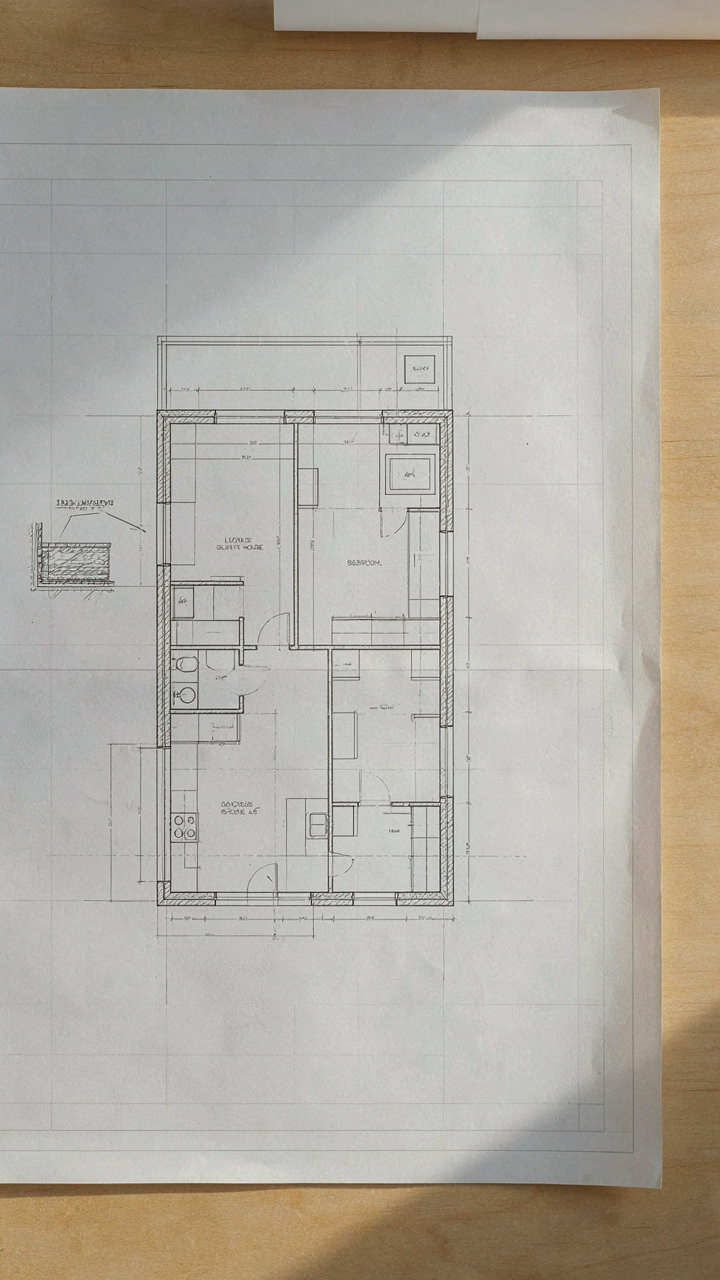 Architectural blueprint of a cottage guest house highlighting key systems.