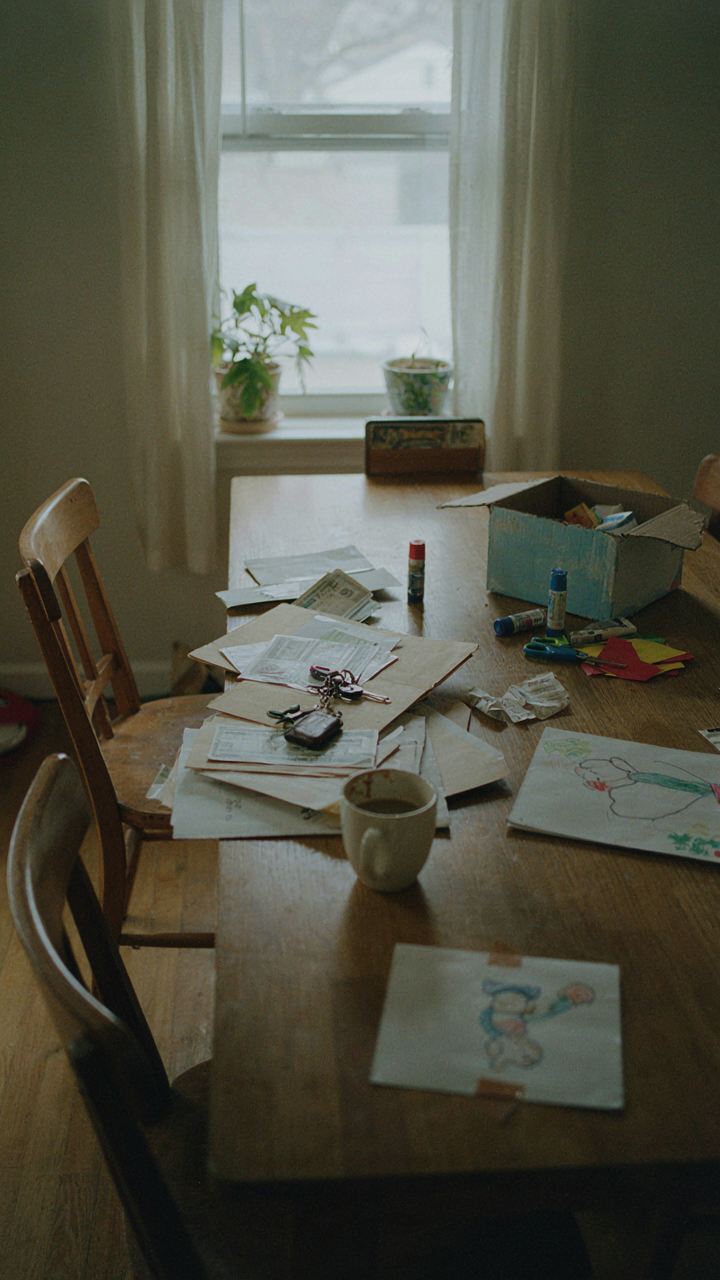 A cluttered dining table covered with everyday items, making the space unusable.