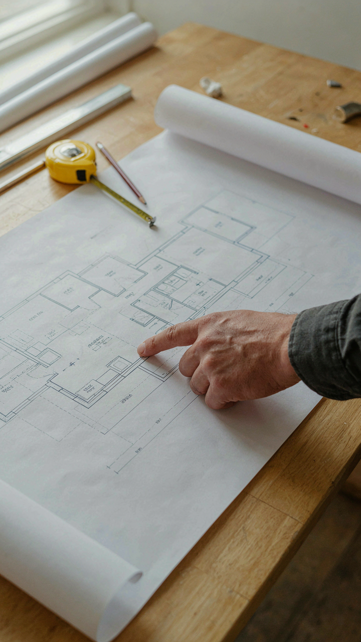 An engineer's hand pointing at blueprints on a table with tools.