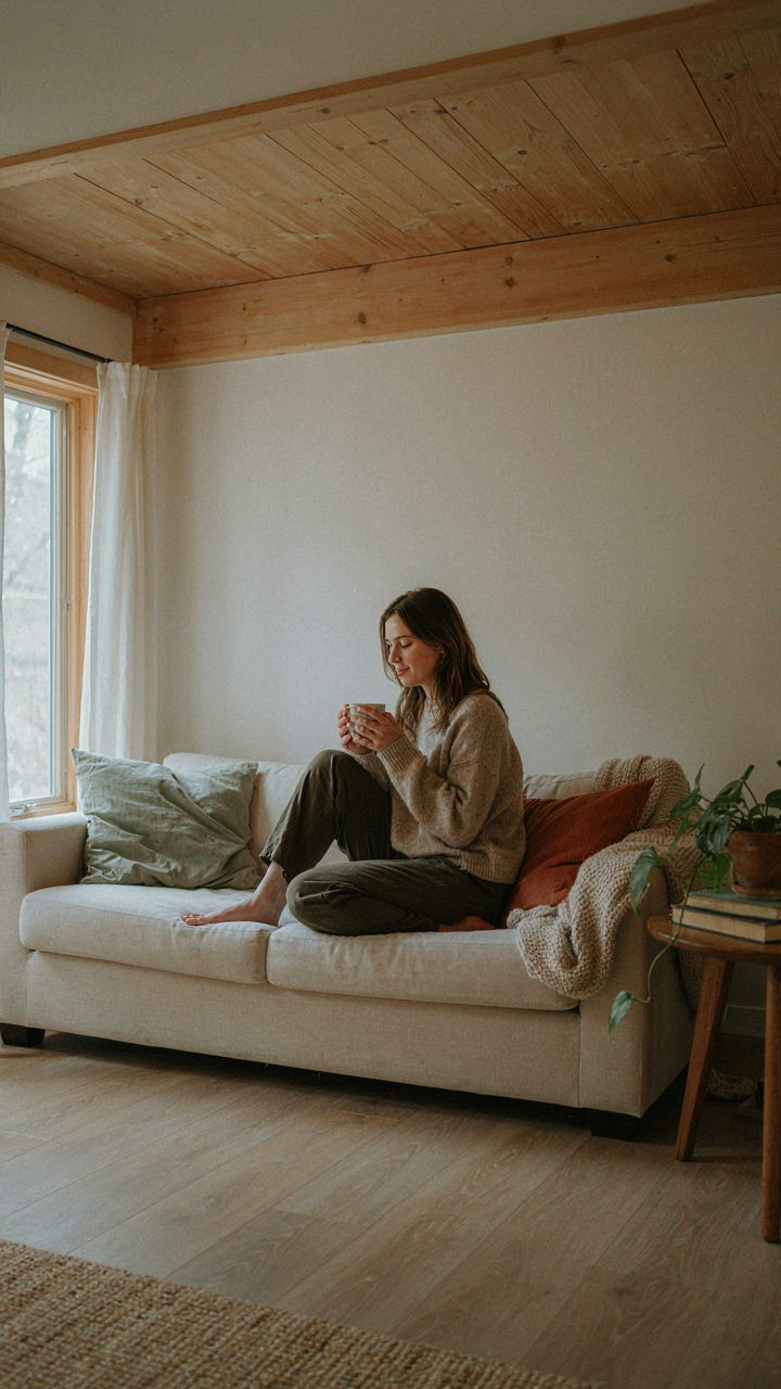 A person relaxes on a sofa in a small cabin, the loft above is empty.