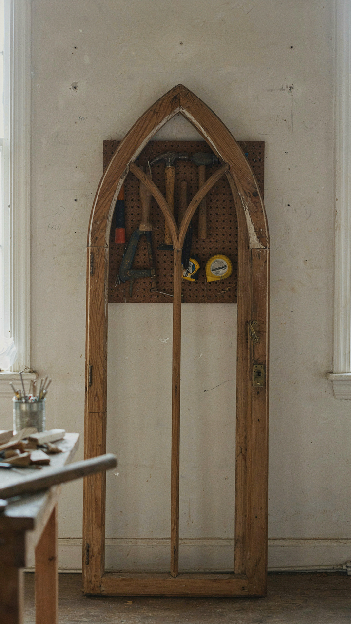 A custom arched wooden window frame, cracked and needing repair, sits in a workshop.