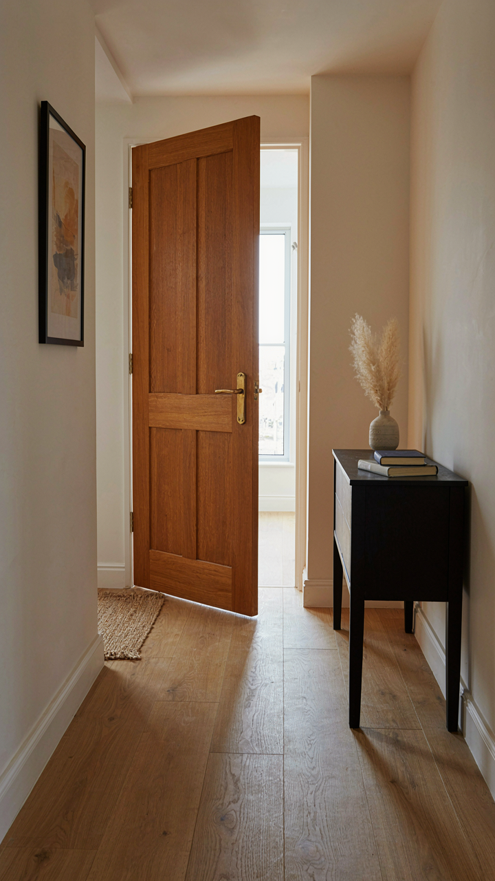 A traditional swinging door hitting a table in a narrow, modern hallway.