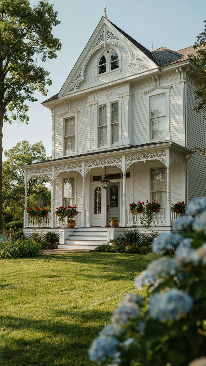 A well-maintained victorian porch on a home with a 'For Sale' sign.