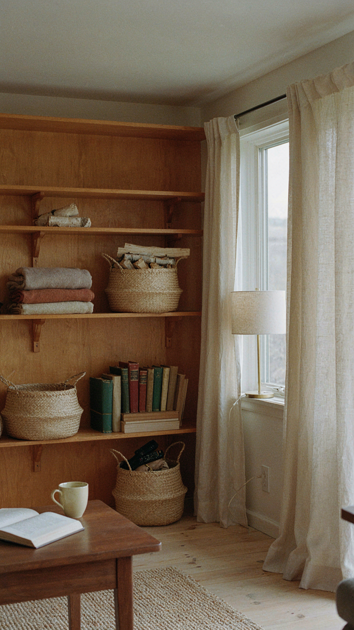 Built-in wooden shelves with woven baskets and a blanket rack in a cabin living room.