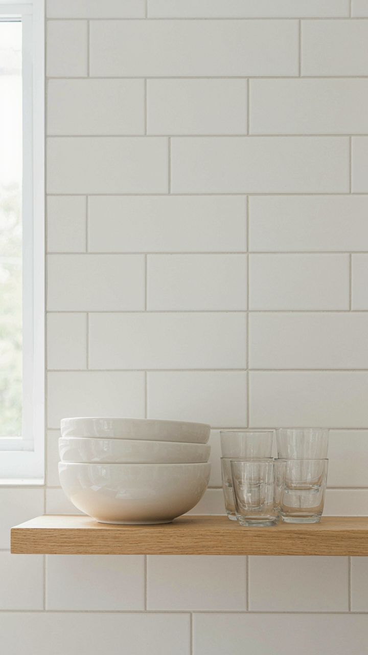 Organized white ceramic bowls and glasses on an open kitchen shelf.