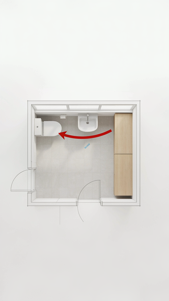 A bathroom floor plan shows efficient movement between toilet, sink, and vanity.