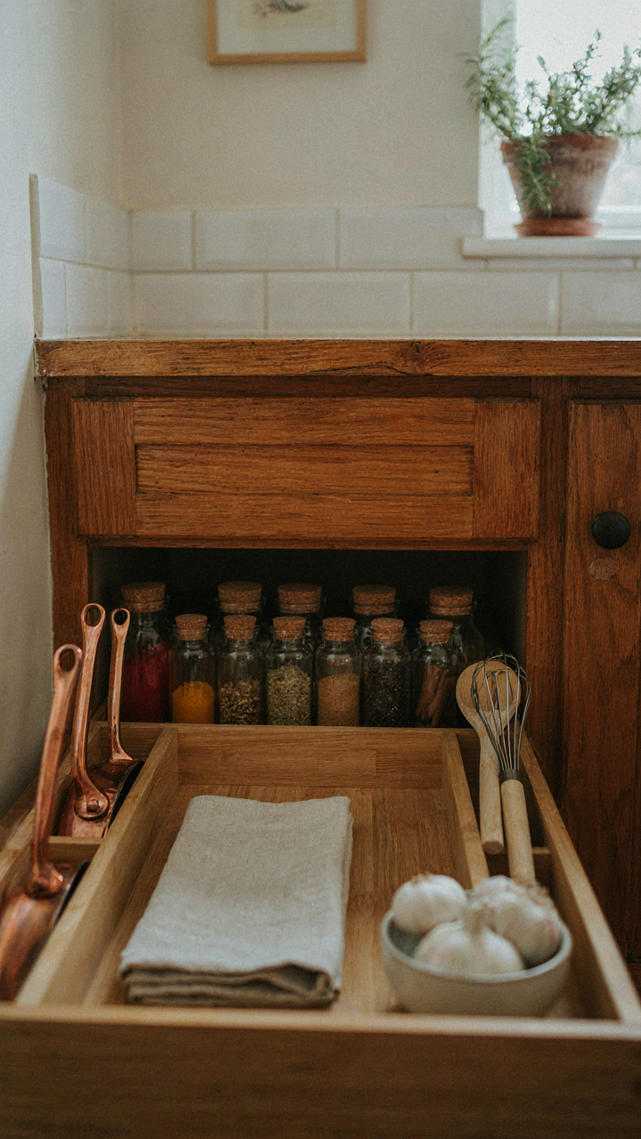 A deep built-in kitchen drawer with dividers for organized storage in a small kitchen.