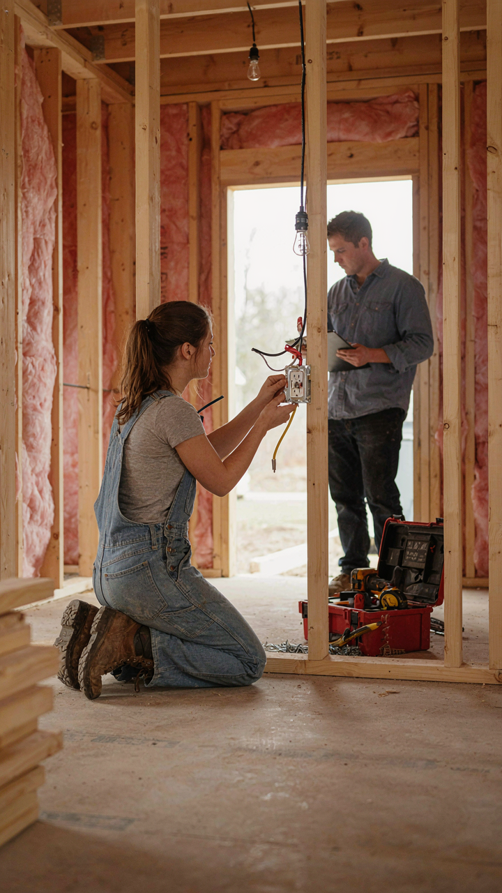An electrician installs power outlets and lights inside a she shed.