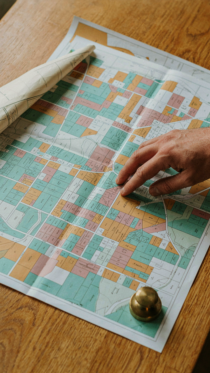 A hand points to regulations on a detailed zoning map spread on a wooden table.