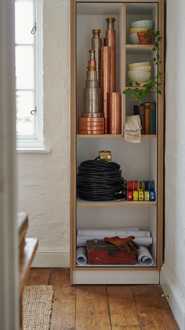A tall, narrow storage unit holds plumbing and shelves in a mini cottage.