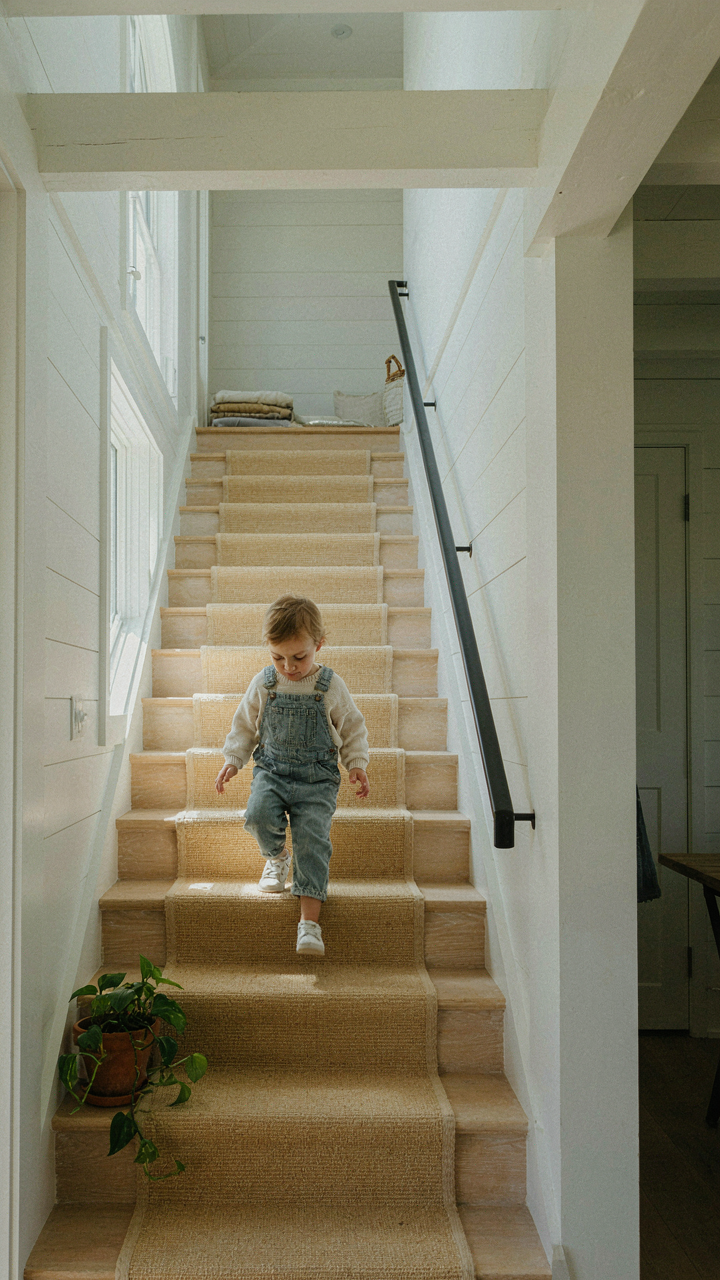 A child walking down a wide, gently sloped staircase in a farmhouse.
