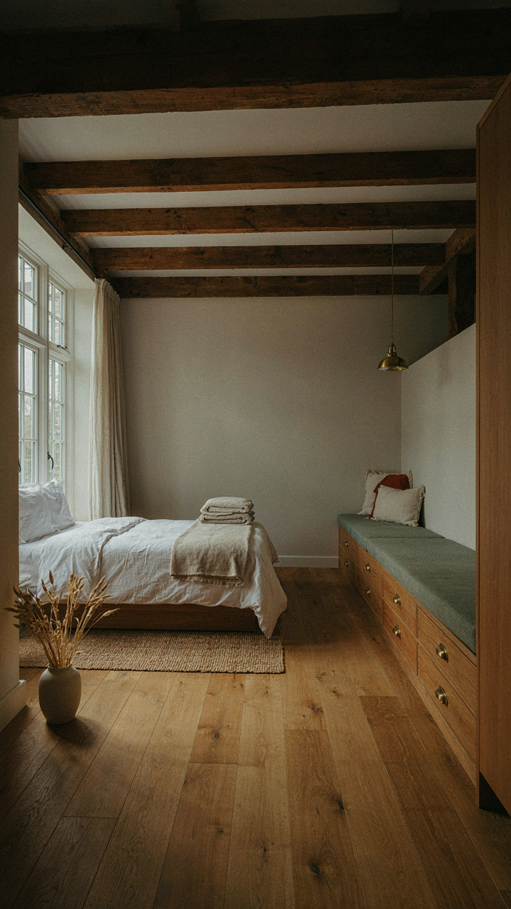 Continuous wood flooring flows through a barn loft bedroom, under built-in storage.