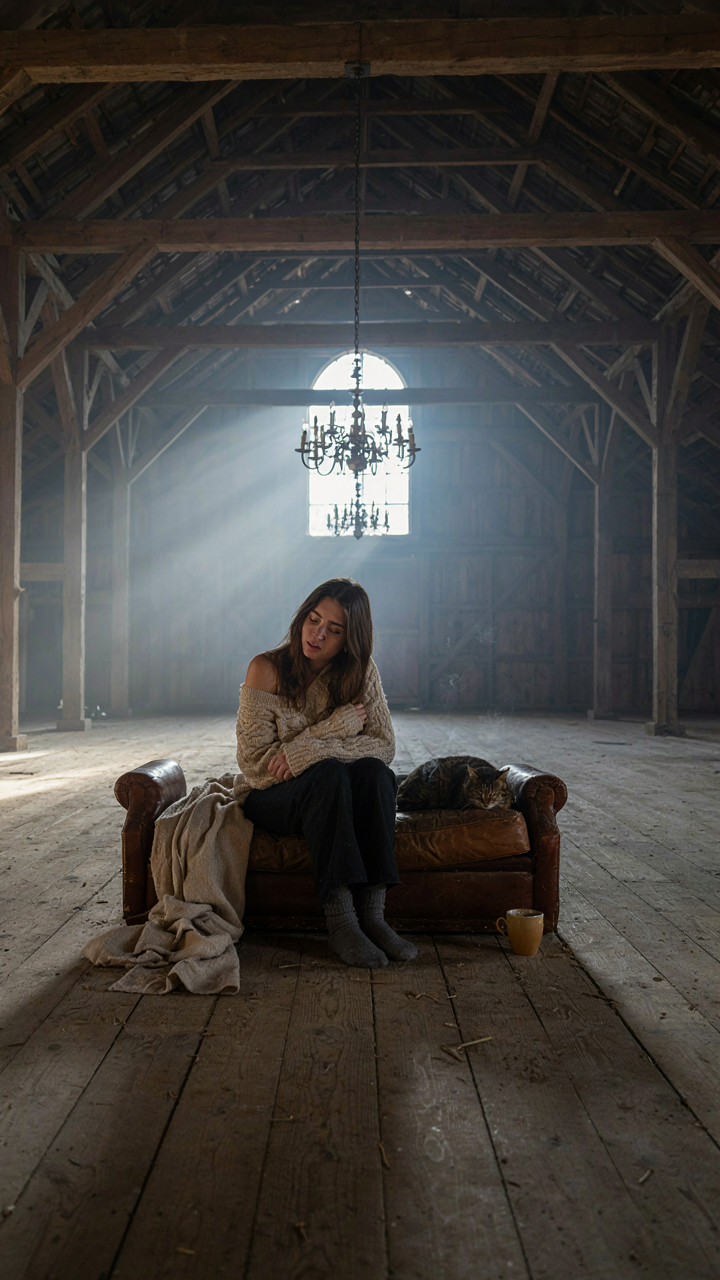 A person feels cold in a huge barn living room with very high ceilings.