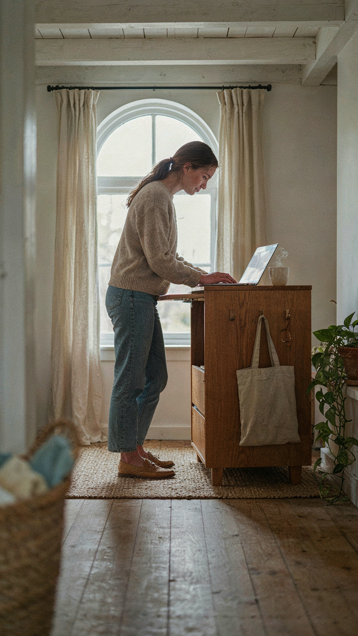 A person uses a multi-functional cabinet in a tiny cottage loft.
