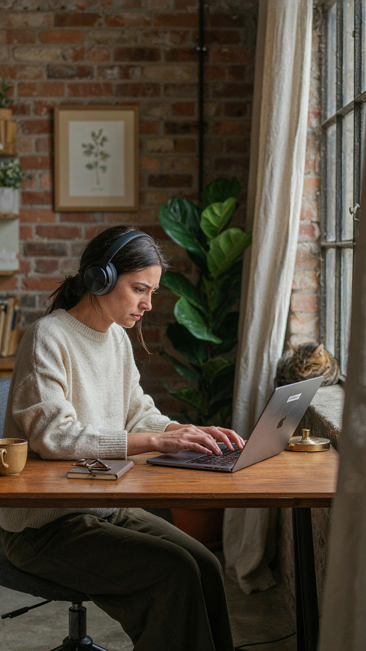 A woman working intently at a desk in a she shed loft.