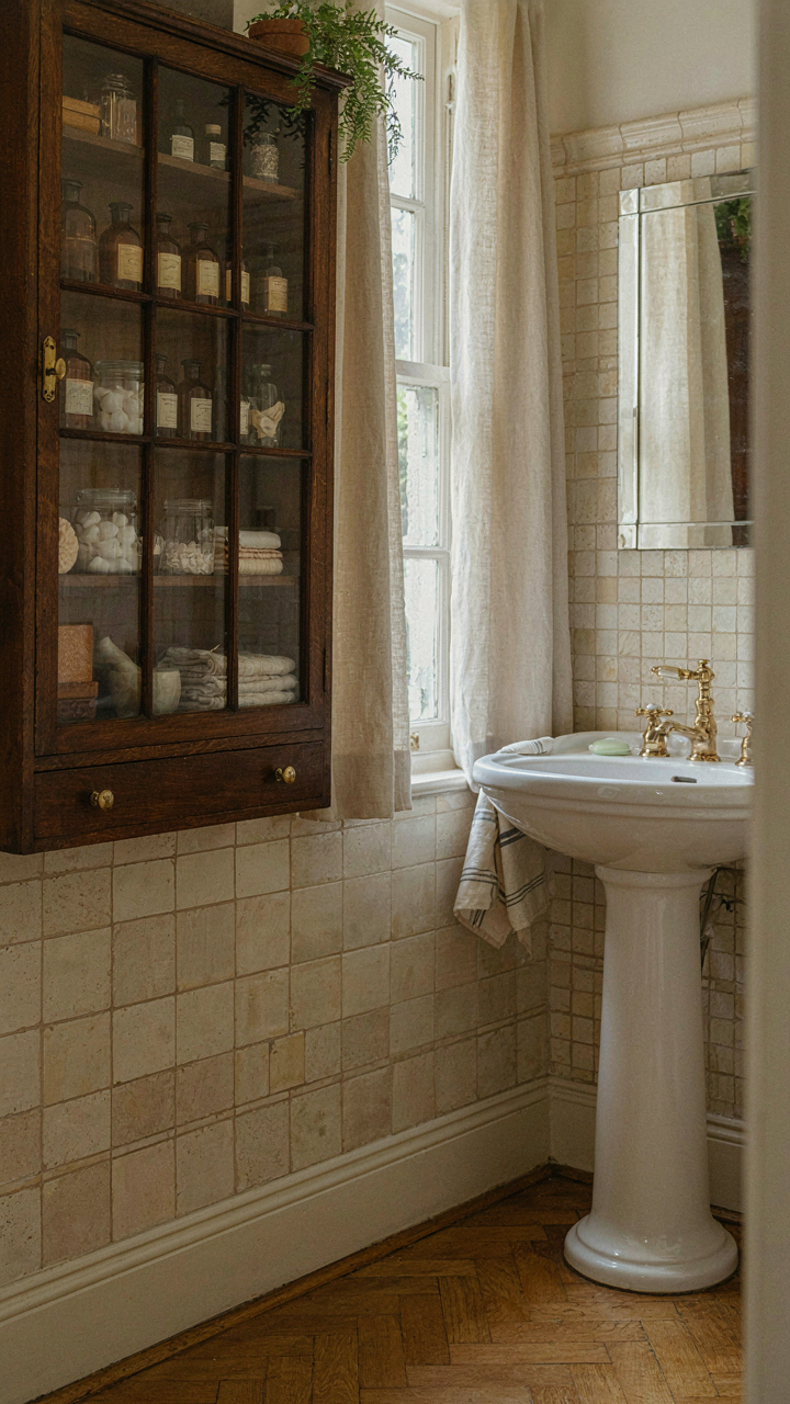 An apothecary-style wall cabinet with toiletries next to a pedestal sink.