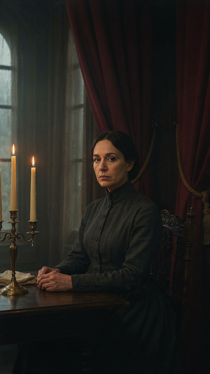 A woman sits upright in a Victorian dining chair, leaning towards a single candelabra.