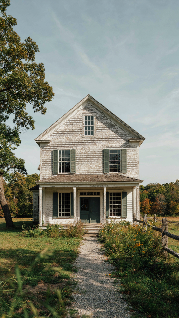 An old clapboard victorian farmhouse exterior with a gable roof and deep eaves.