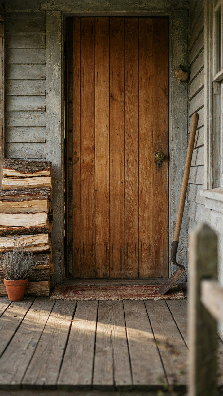 A deep victorian farmhouse porch with a wooden door, firewood, and a gardening tool.