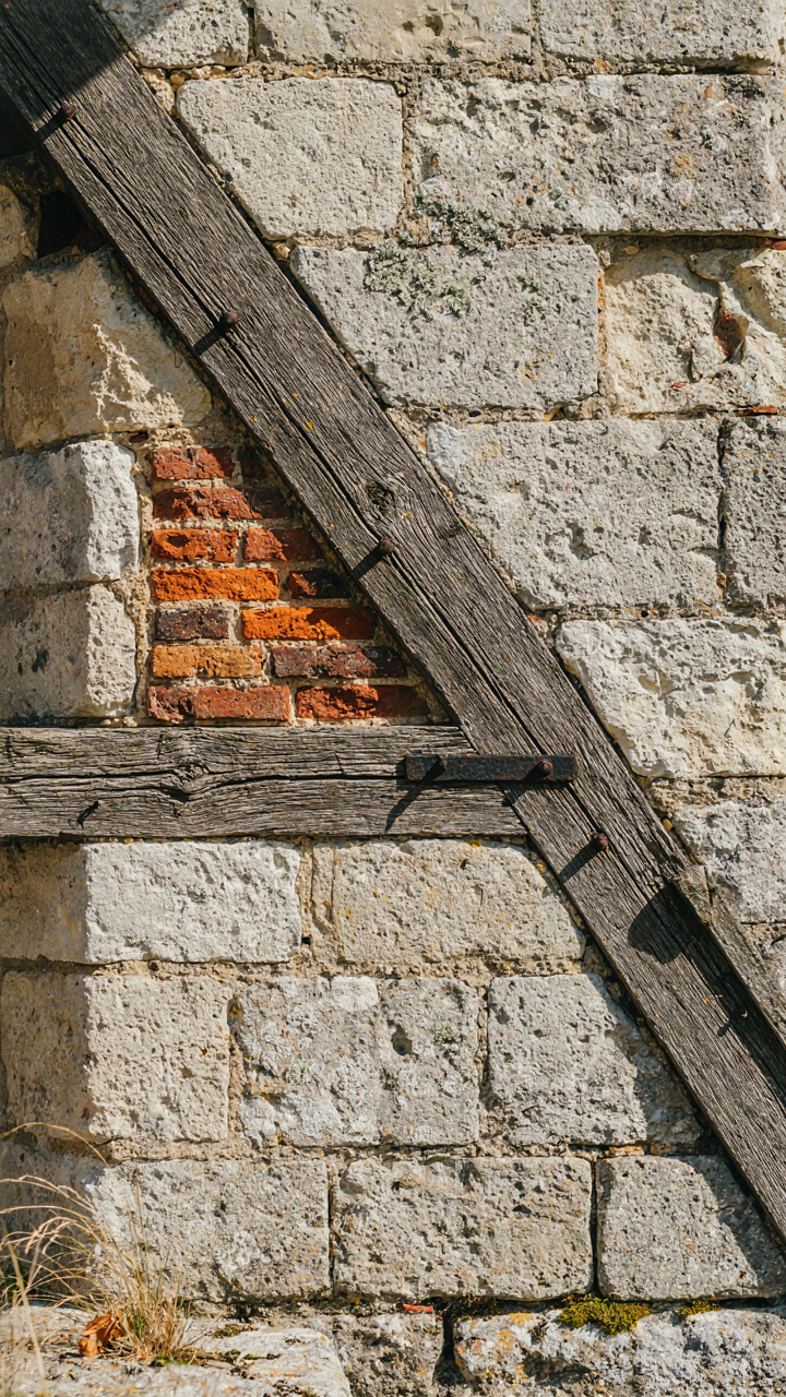 A layered medieval castle wall with stone and timber shows structural depth.