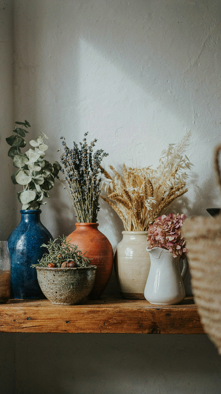 A cluster of old ceramic pots and botanical specimens on a wooden shelf.
