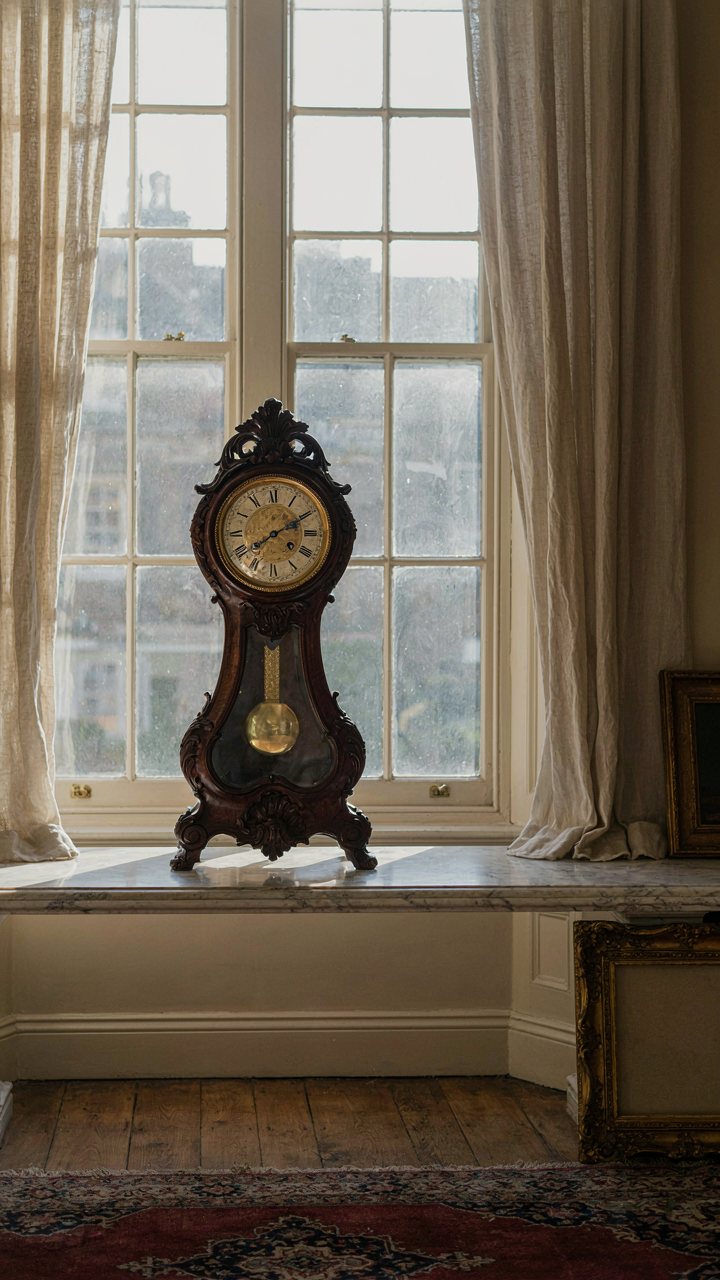 A grand, carved wooden clock stands alone on a long mantelpiece.
