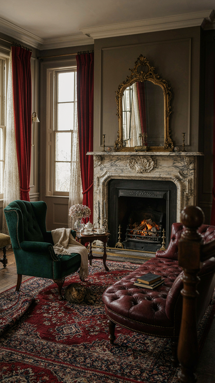 A Victorian parlor's furniture is arranged around a grand fireplace.