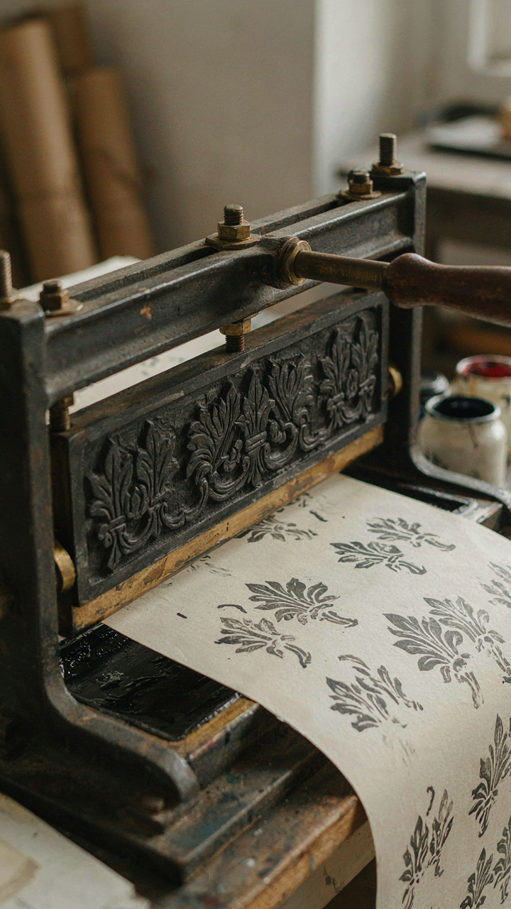 A close-up of a historical printing press making a wallpaper pattern.