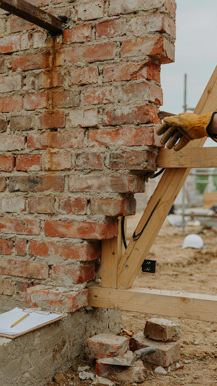 Thick brick wall section next to modern thin framing being inspected.
