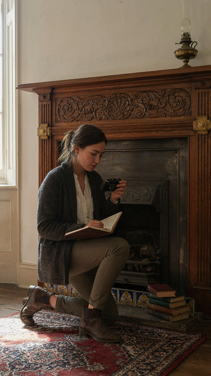 A person documents an old Victorian fireplace with a camera and notebook.