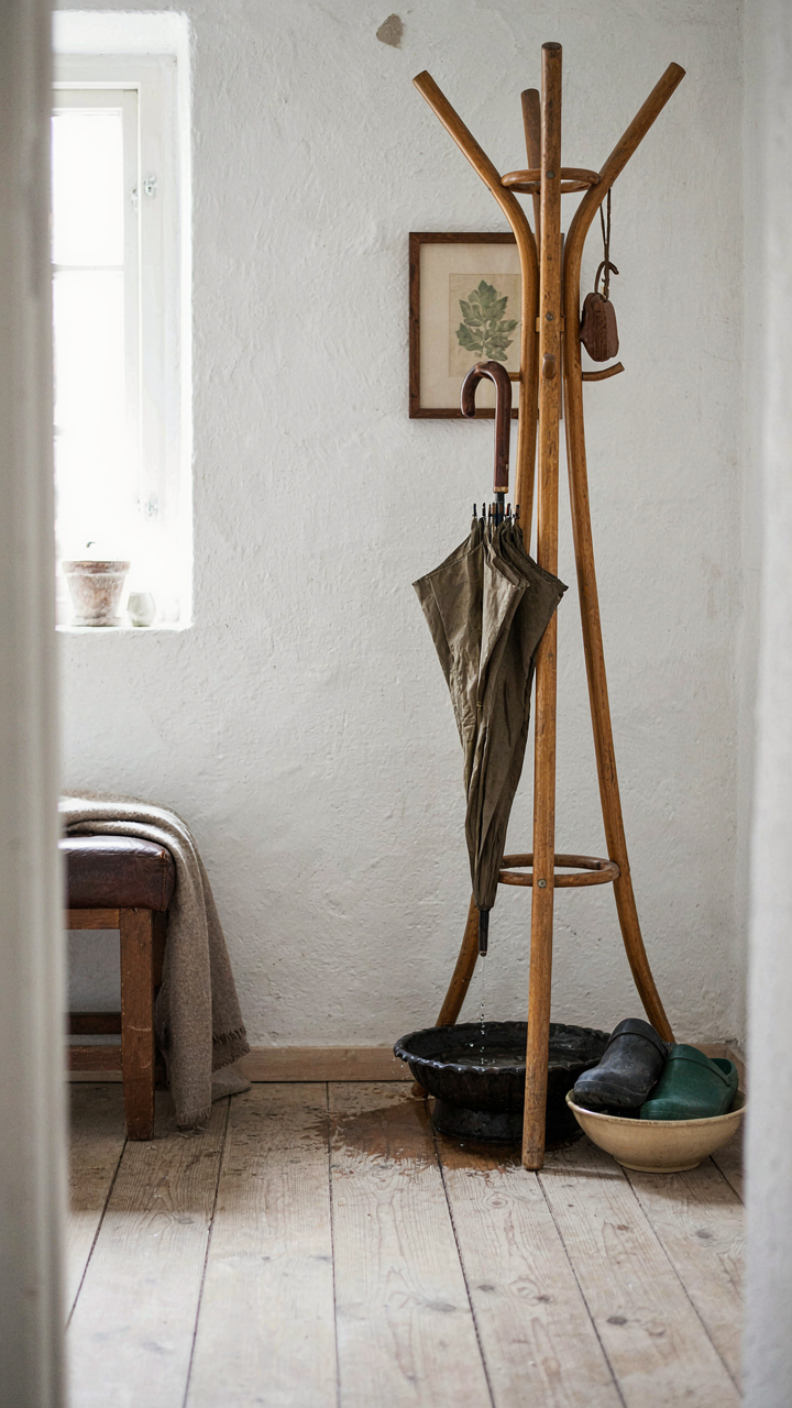 A vintage mudroom with a bentwood coat rack and a cast iron umbrella stand.