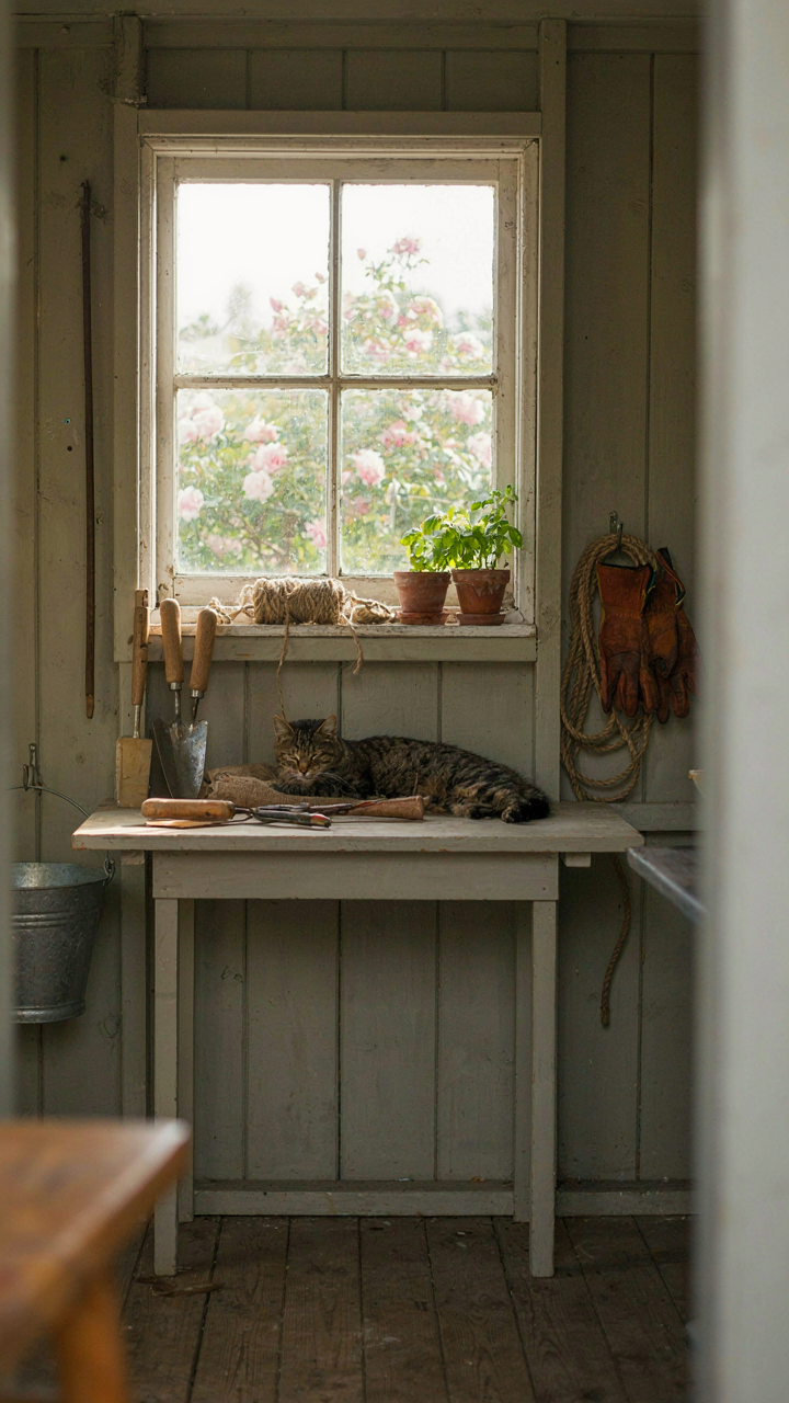 A view from inside a garden shed looks out a single eye-level window.