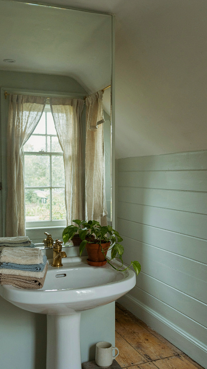 A large frameless mirror reflects a window in a tiny cottage bathroom.