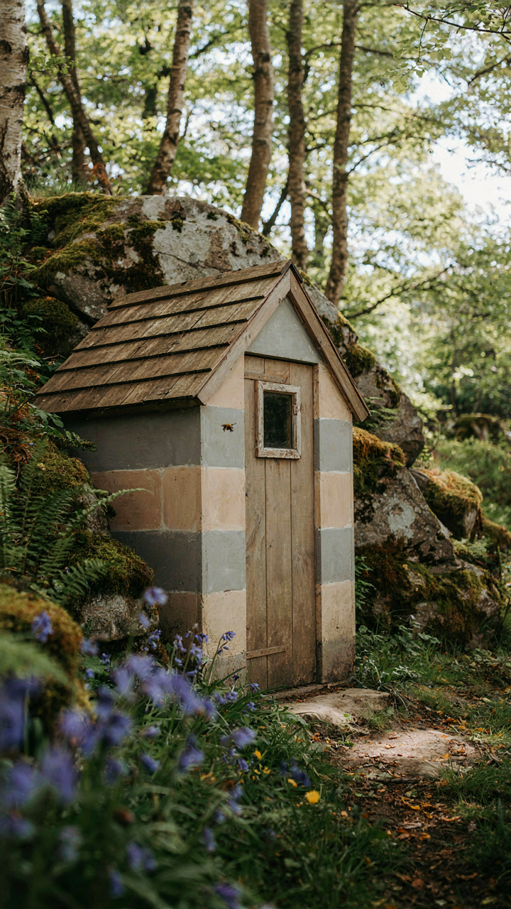 A garden shed painted with disruptive, multi-toned patterns to blend with rocks and moss.