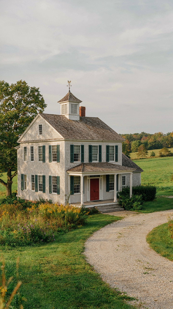A farmhouse with a grand entry and cupola, drawing attention from the garage.