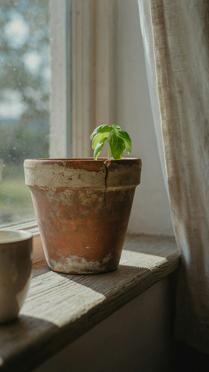 A faded terracotta pot with chipped paint on a weathered windowsill.