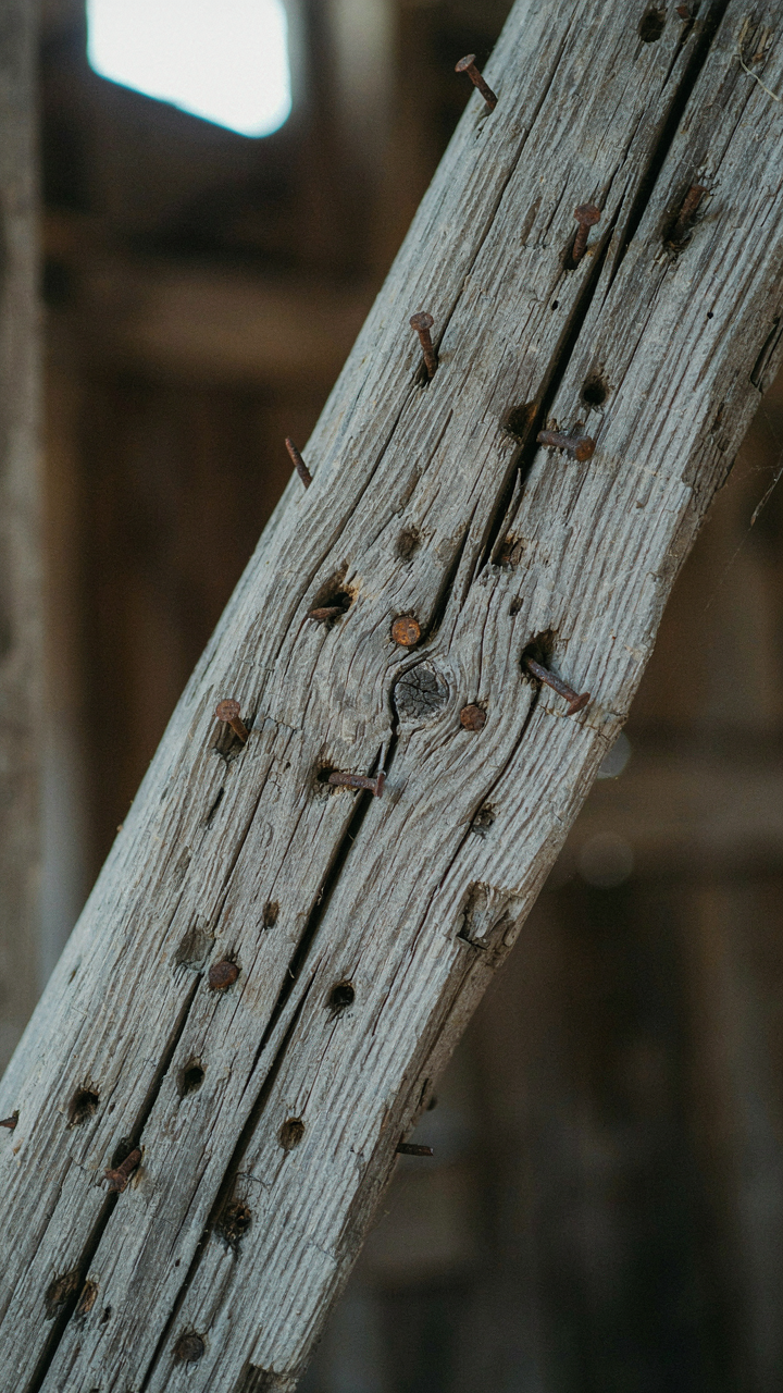 A close up of a weathered barn beam showing nail holes and sun damage.