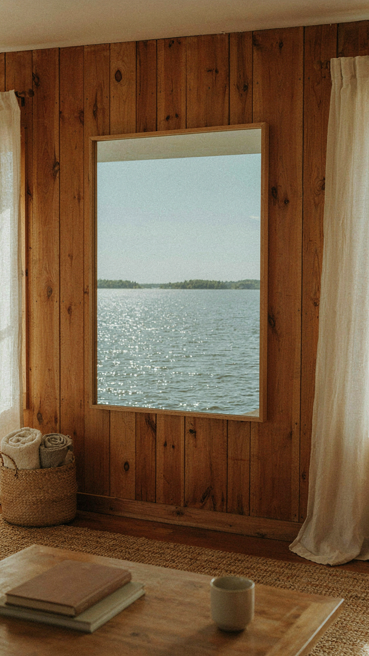 A large mirror reflects the calm lake through a cabin window.