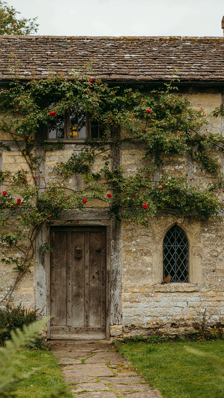 A weathered cottage exterior shows climbing plants on a north wall.