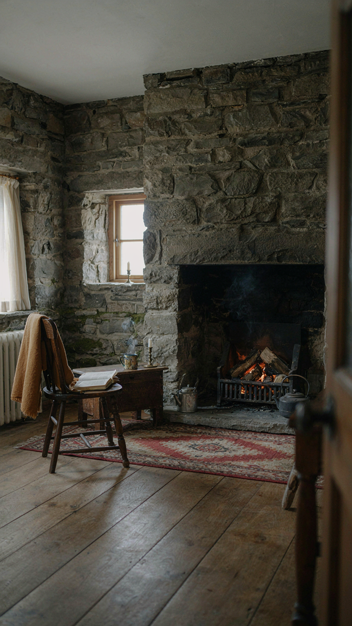 A cozy, open-plan Welsh cottage interior with a central fireplace and stone walls.
